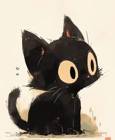 a drawing of a black cat with orange eyes