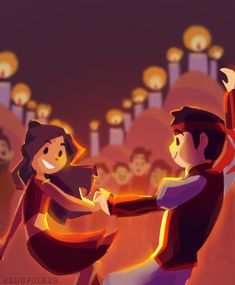 two people dancing in front of a crowd with candles on the ceiling and lights behind them