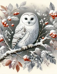 an owl is sitting on a snowy branch with berries and leaves around its neck, surrounded by snow - covered branches