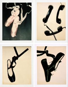 four different photographs of shoes and telephones in black and white, with text that reads andy warhol still life polaroids