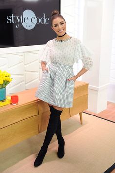 Olivia Culpo pairs a sweet top and skirt with sexy thigh-high boots. Thigh Highs, Skirt, Sweet Top, Olivia Culpo, Top And Skirt, Thigh High Boots, Thigh High, High Boots