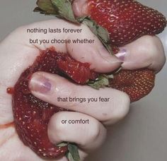 a woman's hand holding two strawberries with the words, nothing lasts forever but you choose whether that brings you fear or comfort