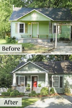 before and after pictures of a small green house with white trim on the front porch