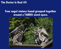 two angel statues with trees in the background and text that reads, the doctor is real 5