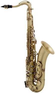 a gold saxophone is shown against a white background