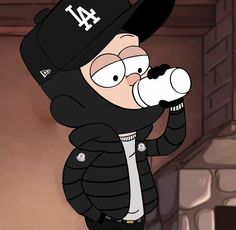 a cartoon character wearing a black hat and jacket