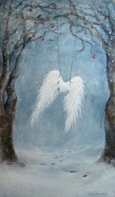 a painting of two white angel wings hanging from trees in the snow with red berries on them