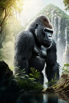 a gorilla standing in the middle of a jungle with waterfalls and trees behind it