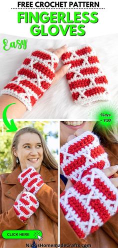 the crochet fingerless gloves pattern is shown in red and white, with text that