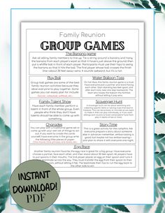 the family reunion group games is shown on a blue frame with green leaves around it