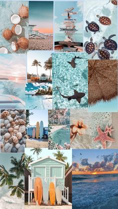 a collage of pictures with different scenes including surfboards, buildings and palm trees