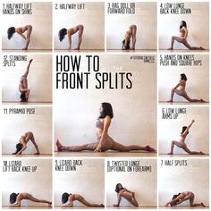 a woman is doing yoga poses with her legs spread out and the words how to front splits