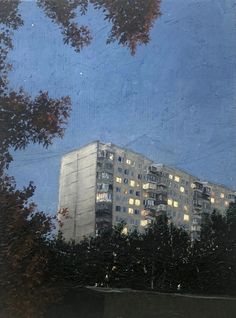 a painting of a building with trees in the foreground