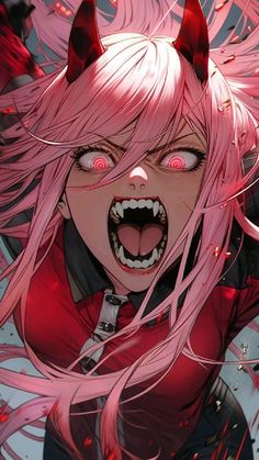 an anime character with long pink hair and horns on her head, yelling at something