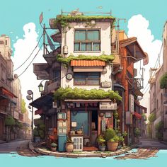 街角の住宅 Anime Houses, Environment Illustration, House Design Drawing, Environment Props, Building Illustration, Isometric Art, Animation Art Character Design, Cute House, 2d Art