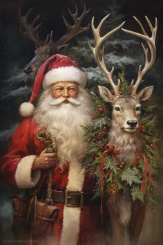 a painting of santa claus and his reindeer