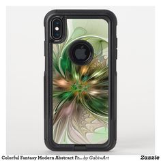 an iphone case with a green and yellow flower design on the front, in black