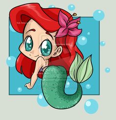 the little mermaid with red hair and green eyes is looking at something in her hand