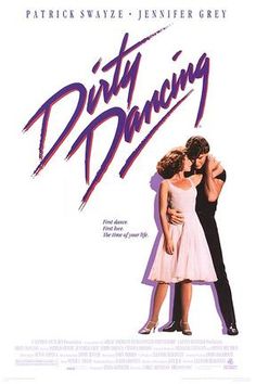 a movie poster for dirty dancing with two people hugging each other and the words dirty dancing written in purple ink