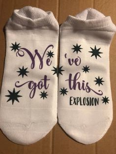 Custom You've Got This sock design, shown in purple and black with team name and event - can print in any colors. All socks are fully customizable. Add your team name, gym name, slogan, graphic, whatever - in your gym, team, or favorite colors. These are no show socks. Socks are 98% polyester and 2% spandex. Ankle socks and crew socks are also available. Contact me for discounts on team orders. Cheer Socks, High School Cheerleading, School Cheerleading, Sock Design, Dance Socks, Cheer Squad, Cheer Gifts, Team Name, No Show Socks