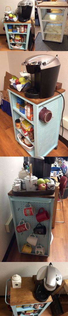 an old refrigerator has been transformed into a kitchen island with drawers and shelves to hold various items