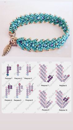 the beaded bracelet with charms and beads is shown in blue, pink, and green