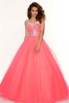 Coral ball gown with beading around the waist