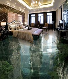 a bedroom with an underwater floor that looks like it could be floating in the water