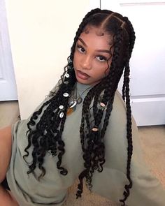 Thick Goddess Box Braids, All Types Of Braids For Black Women, Curly Hair Down With Braid, Jumbo Box Braids Curly Ends, Jumbo Goddess Knotless Braids, Curly Hair Wigs Black Women, Braids With Shells, Big Goddess Braids, Puerto Rican Hairstyles