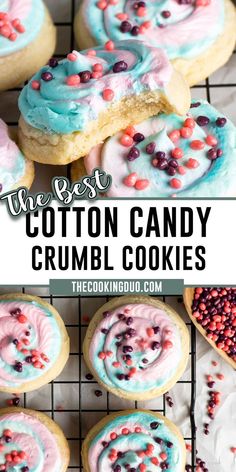 Close-up of cotton candy cookies on a cooling rack. Bake Sale Cookie Recipes, Cake Mix Crumble Cookies, Crumbl Cookies Copycat Recipe, Cookies For Business, Easy Fun Cookie Recipes, Copycat Crumbl Cookie Recipe, Pride Snacks, Crumbl Cookie Recipes, Baking Summer