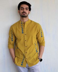 Mens Wear Shirt, Modern Shirts For Men, Mustard Shirt Outfit Men, Shirt Models For Men, Mens Shirts Design Ideas, Block Print Shirts For Men, Mens Shirts Design, Men's Shirts Style, Modern Shirt Design