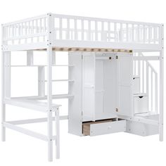 a white loft bed with stairs and storage drawers underneath the top bunk is open to reveal a closet