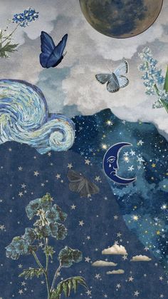 an artistic painting with blue and white flowers, butterflies, and stars in the sky