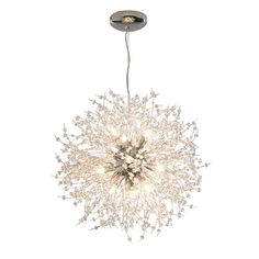 a chandelier with white flowers hanging from it's center point, on a white background