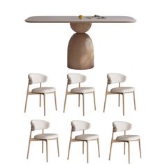 six chairs and a table with an object on it's back end, set against a white background