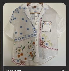 Upcycling, Reworked Clothing, Crushed Velvet Top, Long Sleeve Denim Shirt, Italy Outfits, 자수 디자인, Embroidery On Clothes, Embroidery Flowers Pattern, White Button Down Shirt