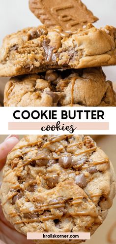 two cookies are stacked on top of each other with the words cookie butter cookies above them