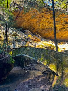 an old stone bridge over a stream in the woods with yellow moss growing on it