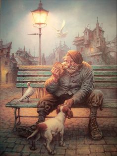 an old man sitting on a bench next to a dog and a bird with a lamp post in the background