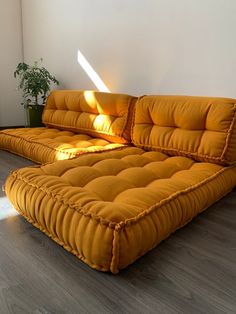 an orange couch sitting on top of a hard wood floor next to a potted plant