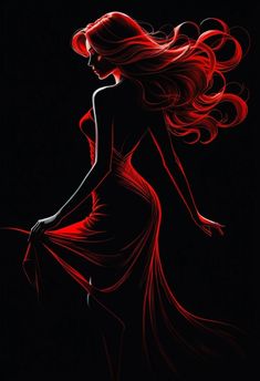 a woman with long red hair in a flowing dress on a black background, looking back at the camera