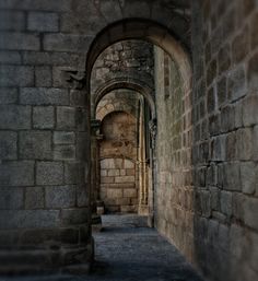 an alley way with stone walls and arches leading to the door that leads to another room