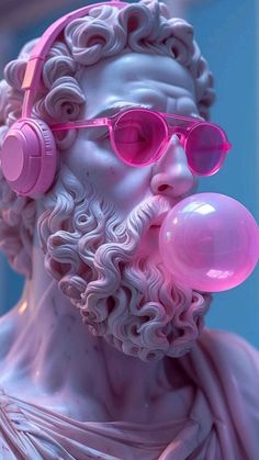 a statue with headphones and pink glasses blowing bubble