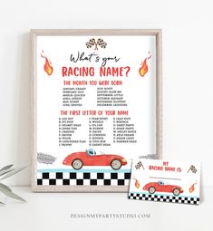 a race car birthday party sign and place card