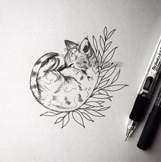 a pencil drawing of a sleeping cat on top of a piece of paper next to a marker