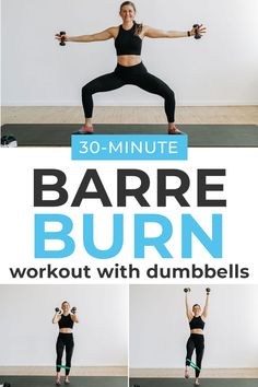 a woman is doing exercises with dumbbells in her arms and legs, while the text reads 30 - minute barrel burn workout with dumbbells