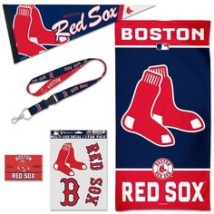 boston red sox banner, keychain, lanyard and wallet