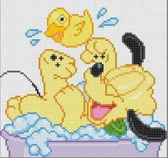 a cross stitch pattern with two ducks in a bathtub, one duckling and the other duckling