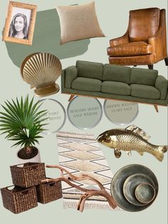 a collage of furniture and accessories including a couch, chair, coffee table, fish, plant