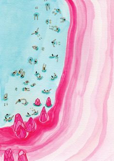 an illustration of people swimming in the water with pink and blue colors on them,